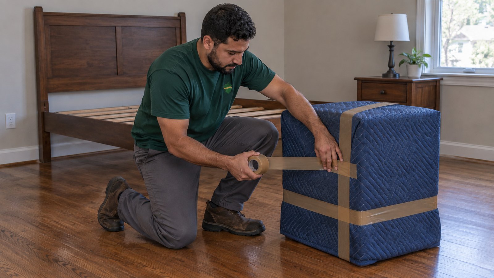 Protection before loading Kneeling male mover applying brown packing tape around a blue blanket covering a small bedside cabinet.