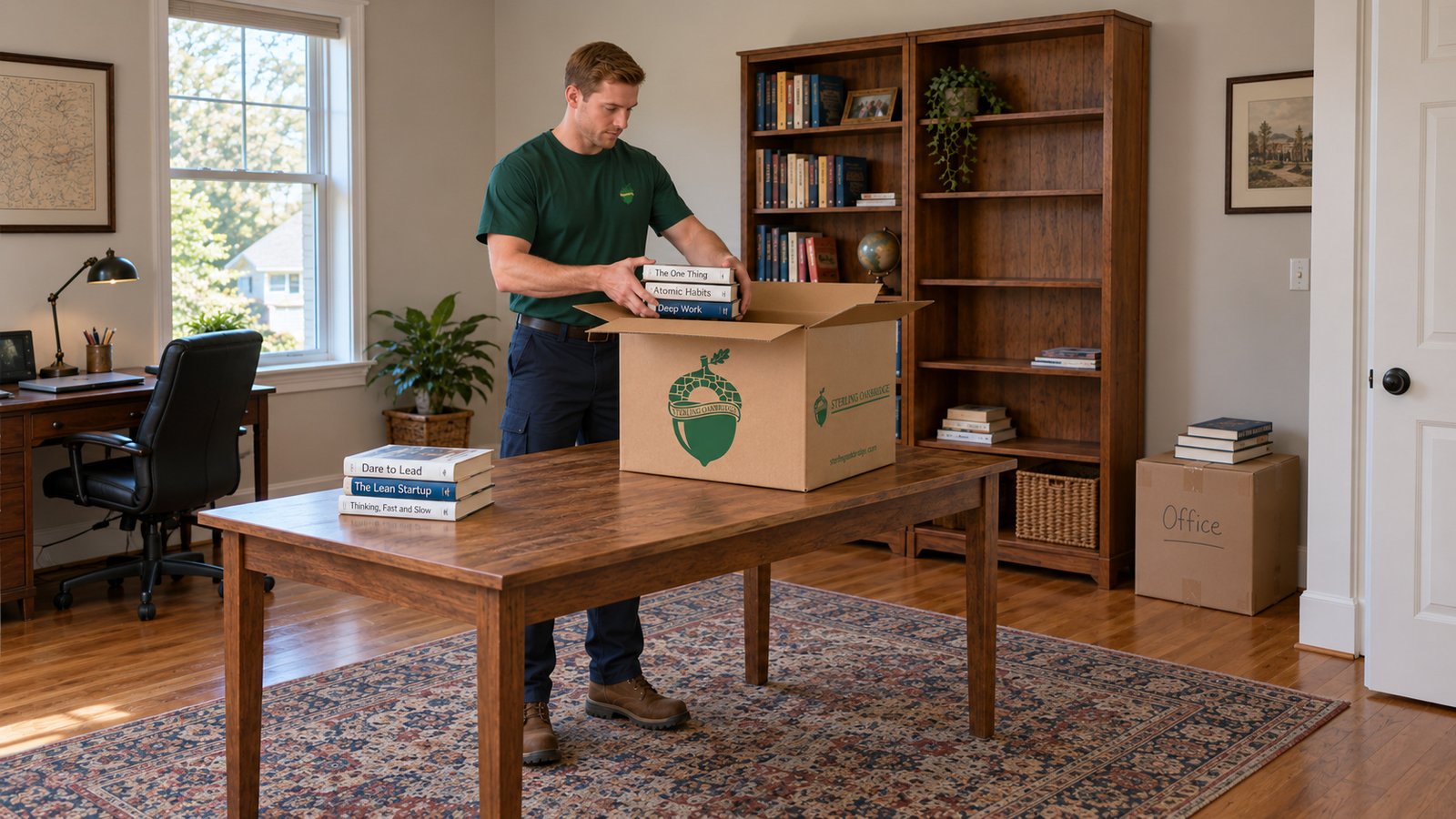 Preparing a book collection Male packer placing a small stack of books into an open branded kraft carton on a wooden worktable.
