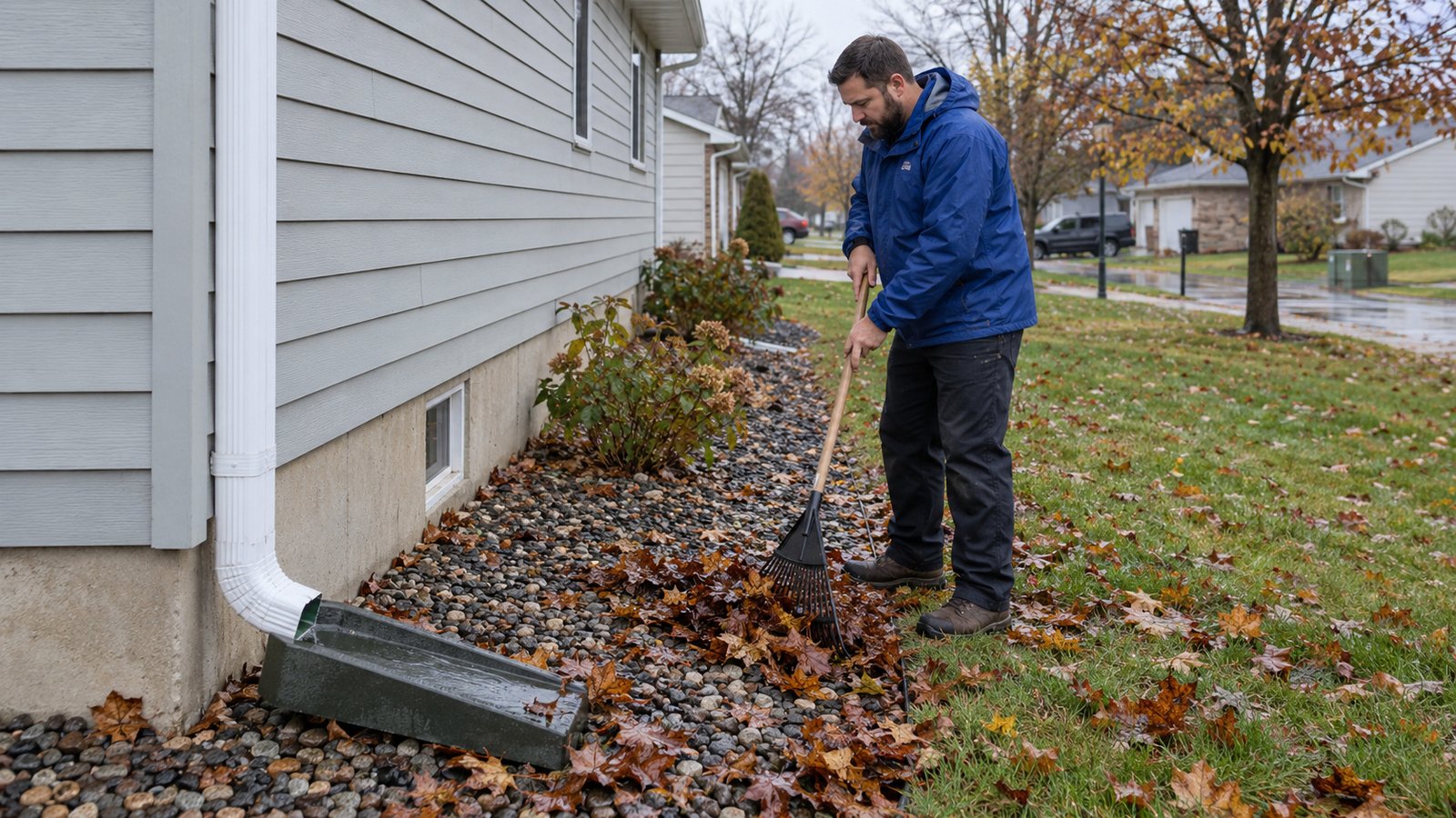 Resident in a blue rain jacket raking wet leaves beside a house downspout and splash block.