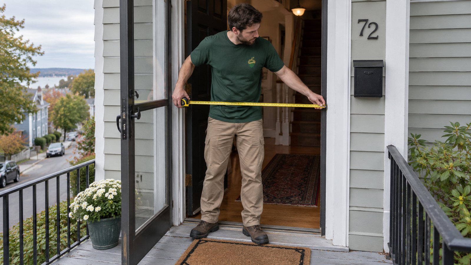 Measuring the doorway A mover in a dark green shirt measuring the width of an open house doorway from a covered porch.