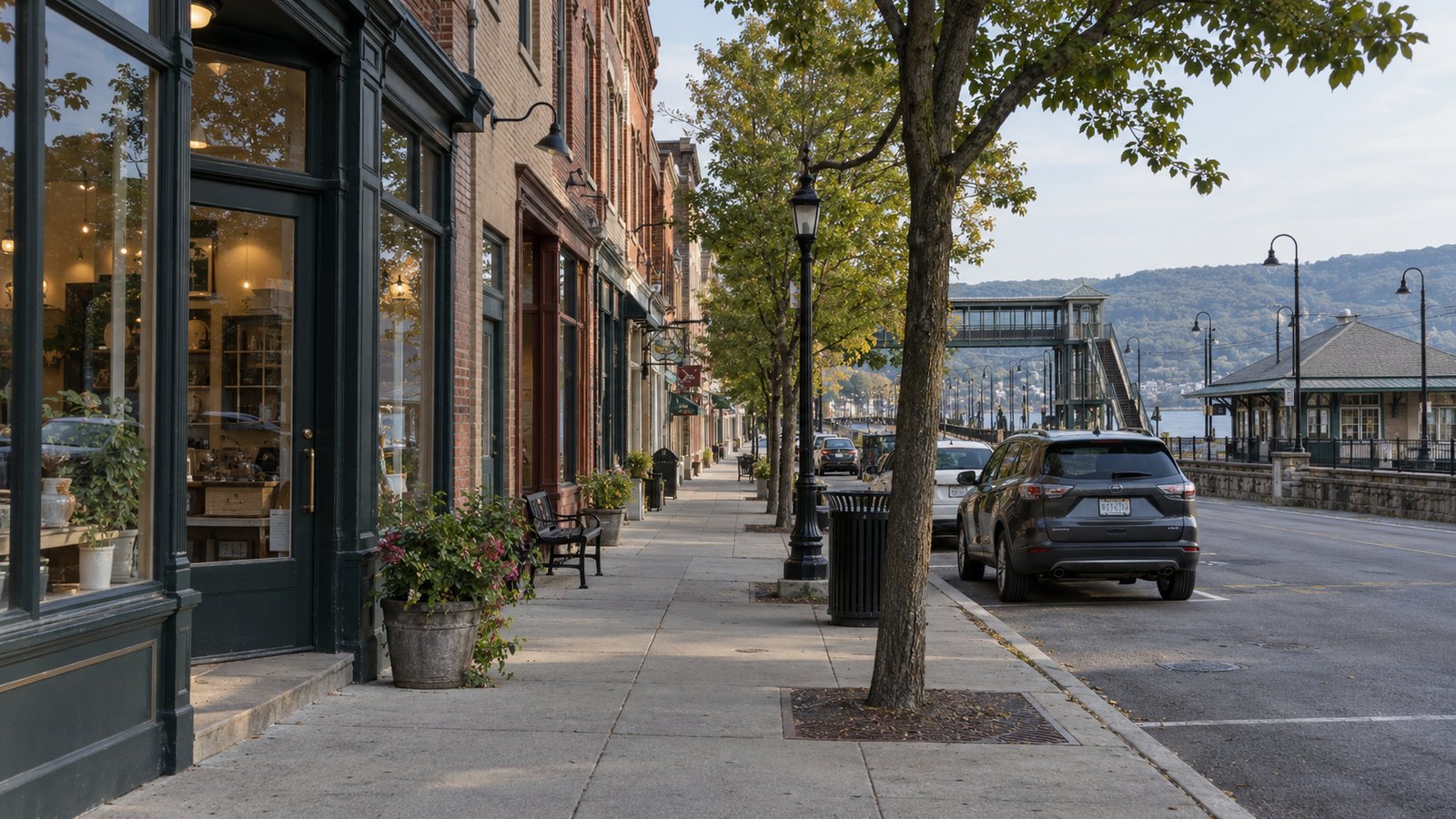 Downtown near the station Brick storefronts and a tree-lined sidewalk near a commuter station and the river.
