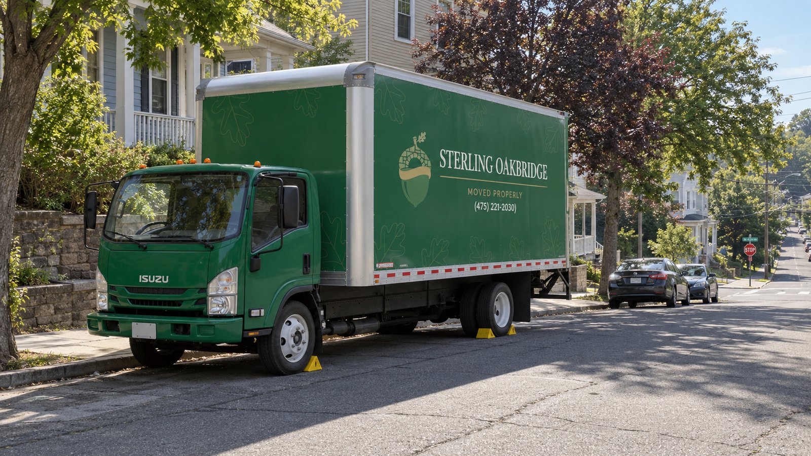 Planning the truck position A dark green Sterling Oakbridge NPR box truck standing parallel to the curb on a sloping residential street, with wheel chocks visible.