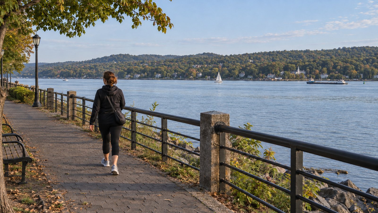 An everyday waterfront walk A person walking along a riverside path, with a broad river and the opposite shore beyond.