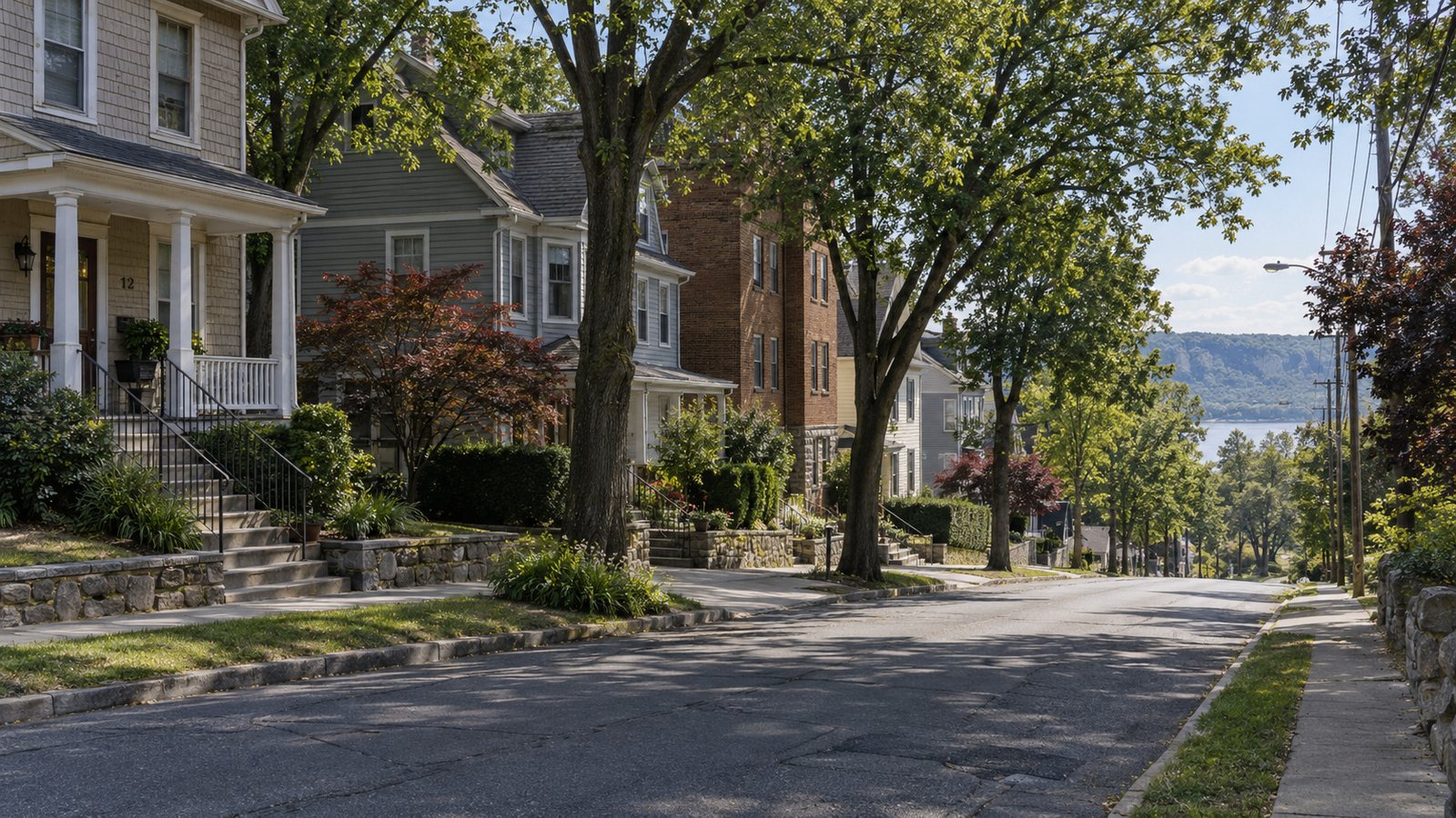 A street above the Hudson Older houses and shaded porches on a sloping tree-lined street, with the Hudson River beyond.
