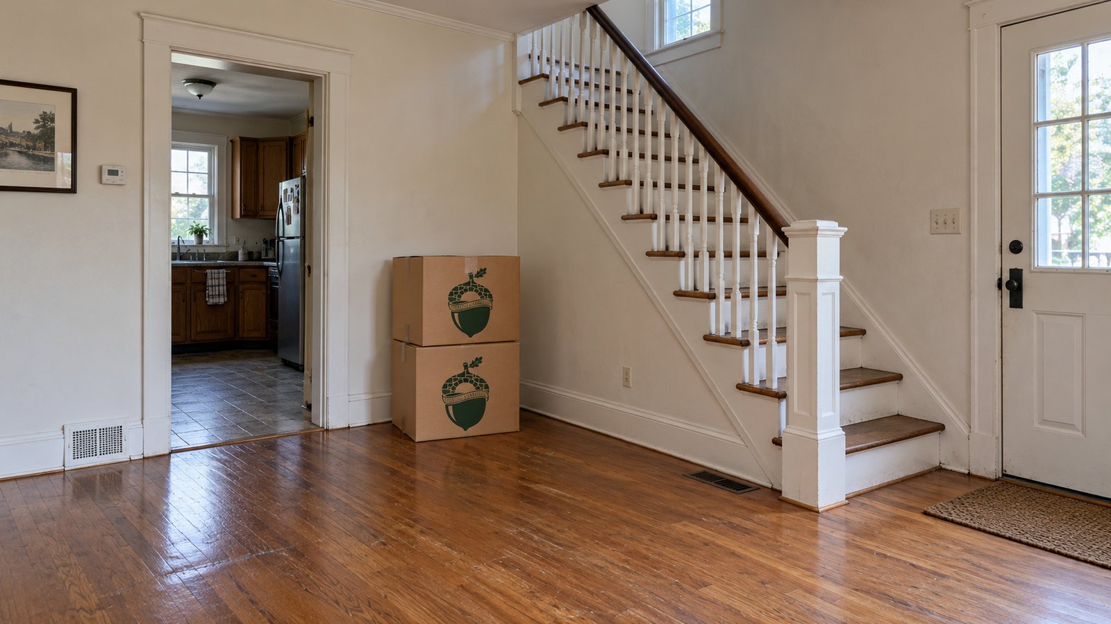 Inside an older house A wooden staircase and clear entry hall in an older house, with two closed kraft cartons stacked beside the wall.