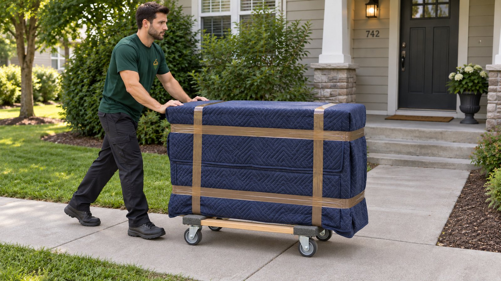 Moving a protected dresser A mover rolls a completely blanket-protected dresser on a compact open wooden furniture dolly along a level path.