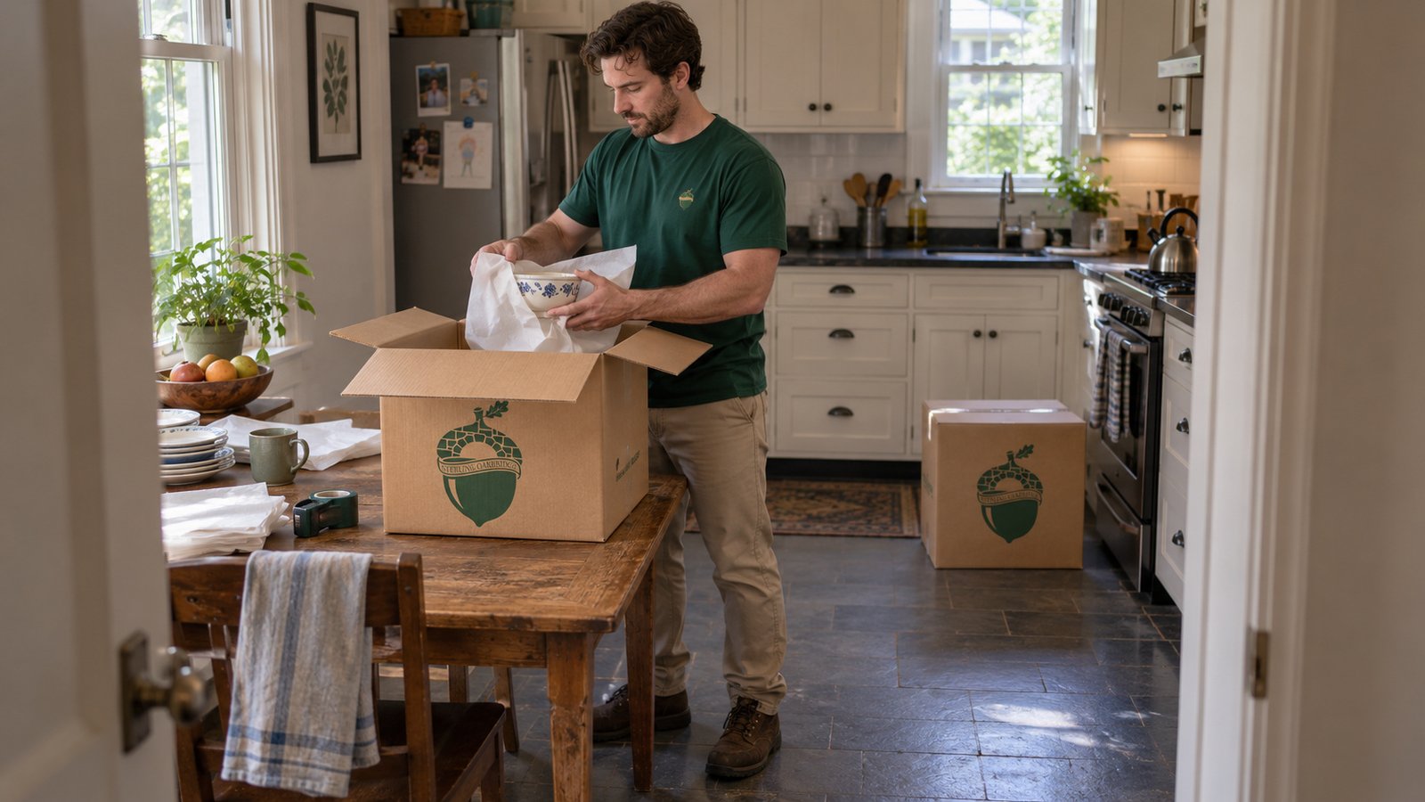 Packing the kitchen A mover wrapping a bowl in packing paper beside an open kraft carton on a wooden worktable in a kitchen.