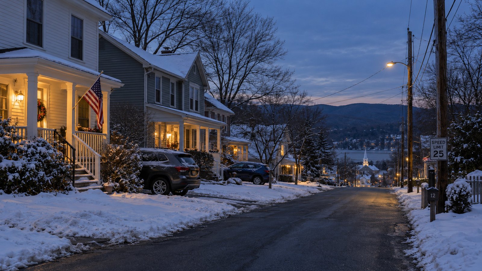 A winter evening A residential street at winter dusk, with snow on the yards and warm lights at the houses.