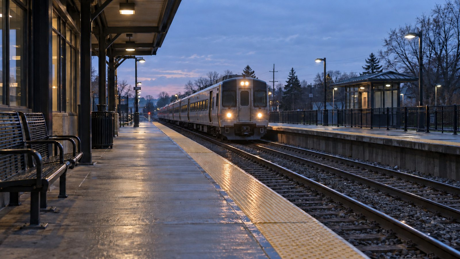 The platform at dawn A single-level commuter train approaching a raised platform under blue-hour station lighting.