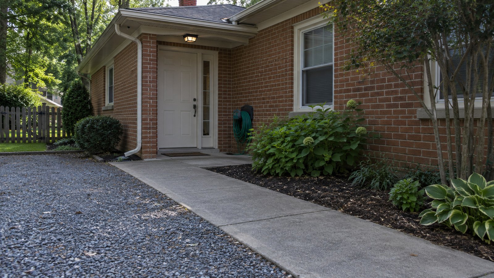 Follow the side-entry route A pale side-entry door and fixed glazed sidelight beside a level paved walk at a brick home.