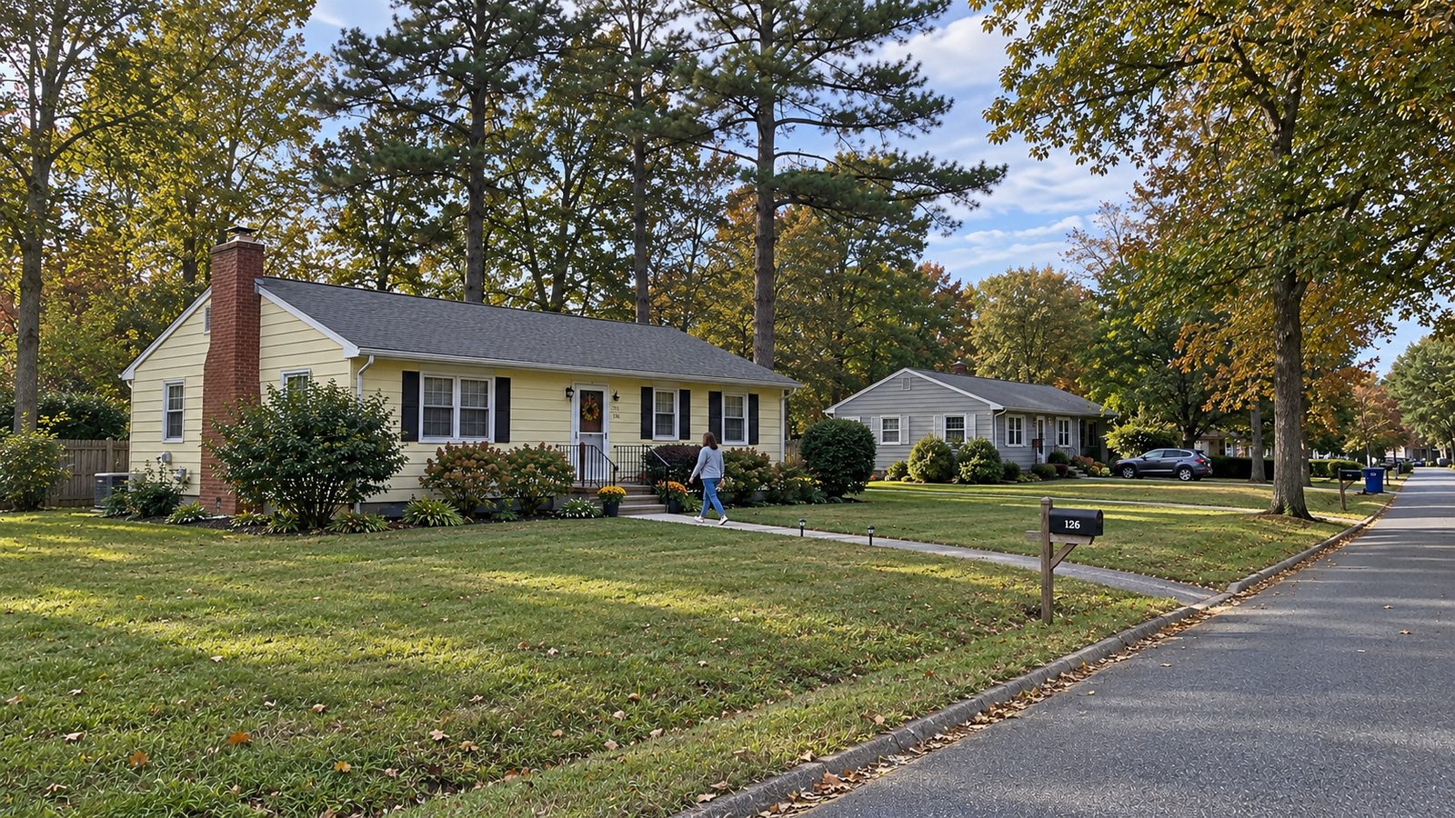 Check the everyday surroundings Two complete low homes behind lawns beside a quiet paved residential lane, with a resident on a front walk.