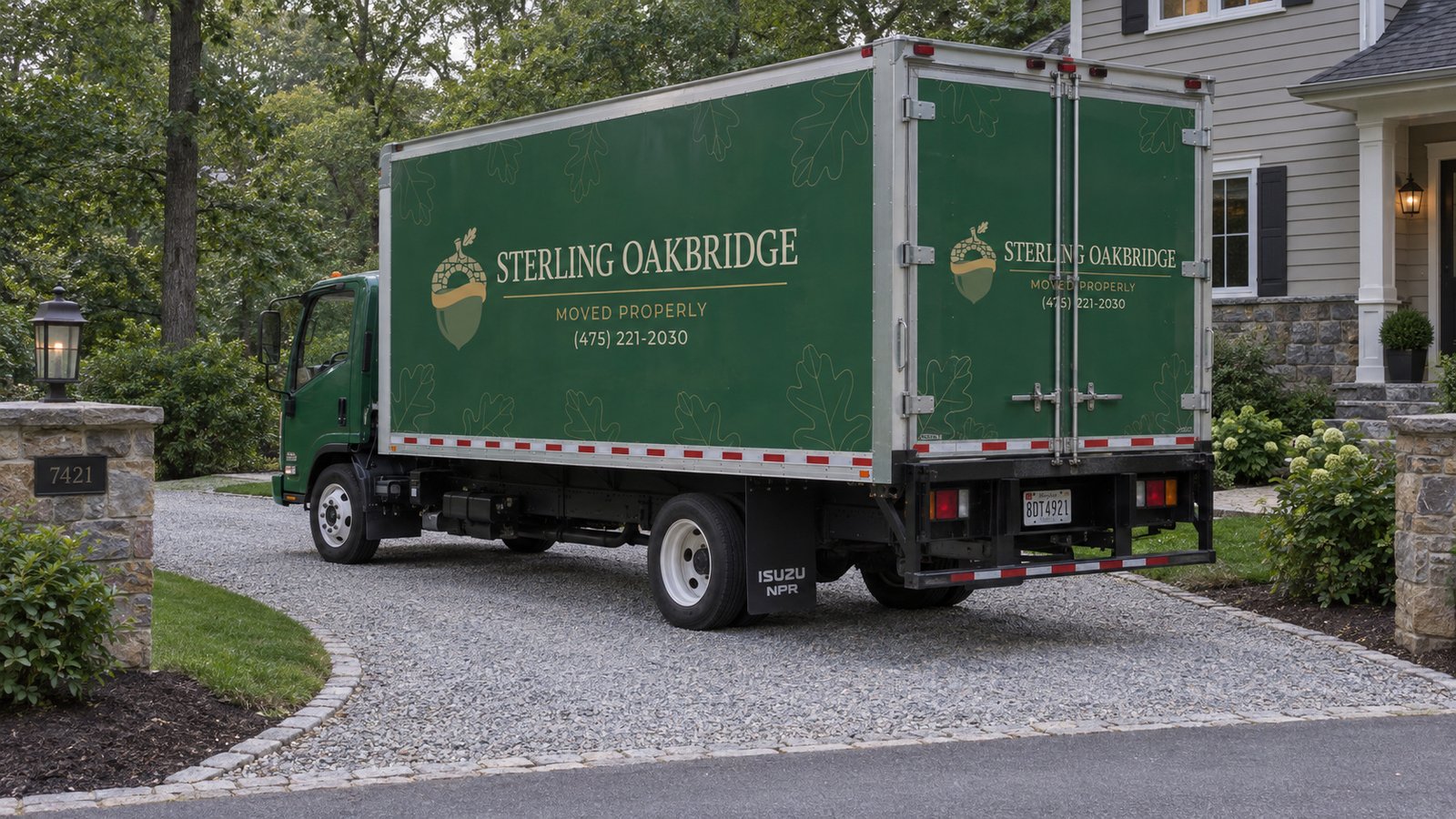Plan the vehicle position A complete green Sterling Oakbridge Isuzu NPR box truck standing on a gravel private driveway.