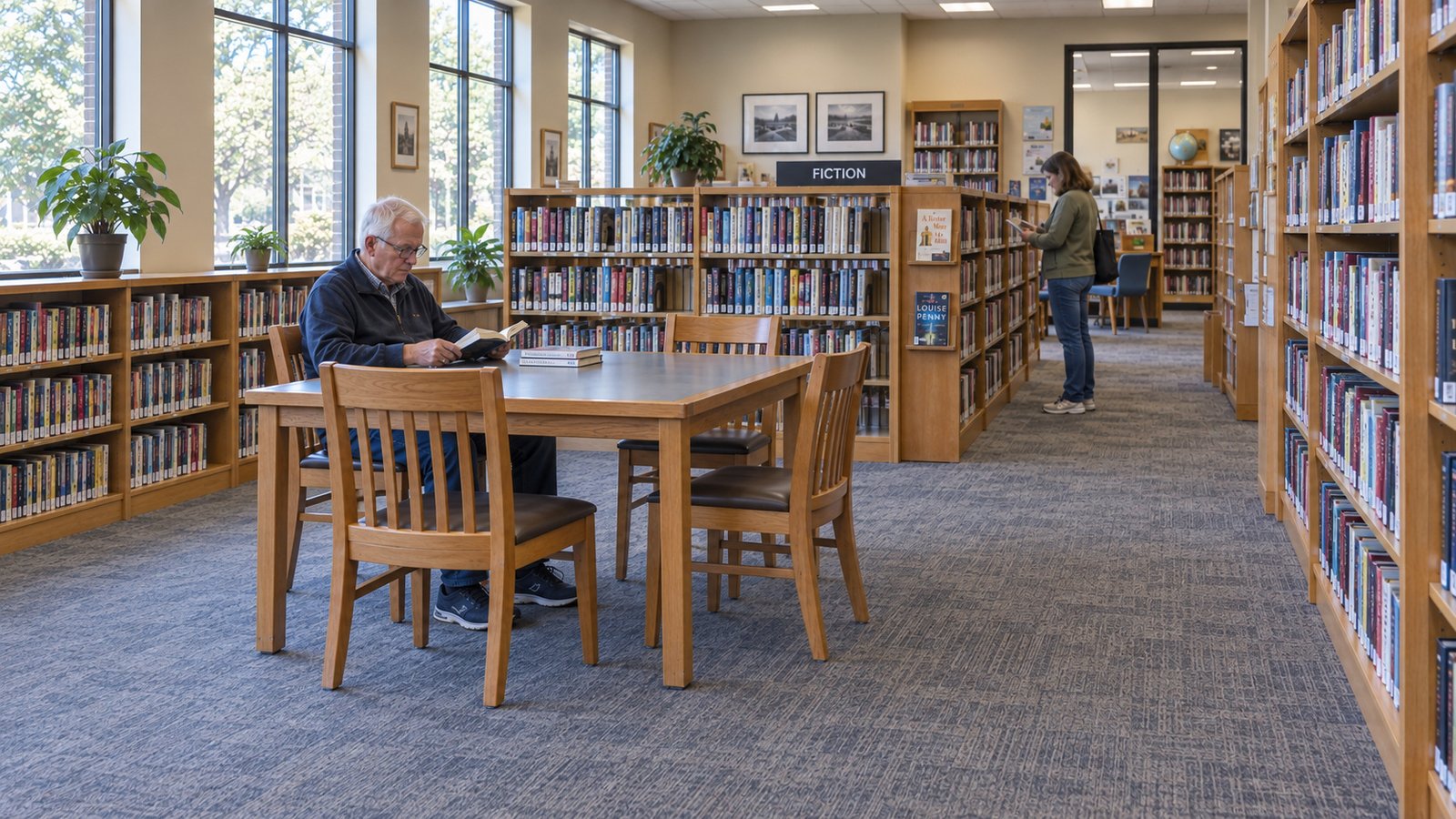 Establish a useful local routine An older man reading at a library table while a woman browses a separate shelf across a clear aisle.