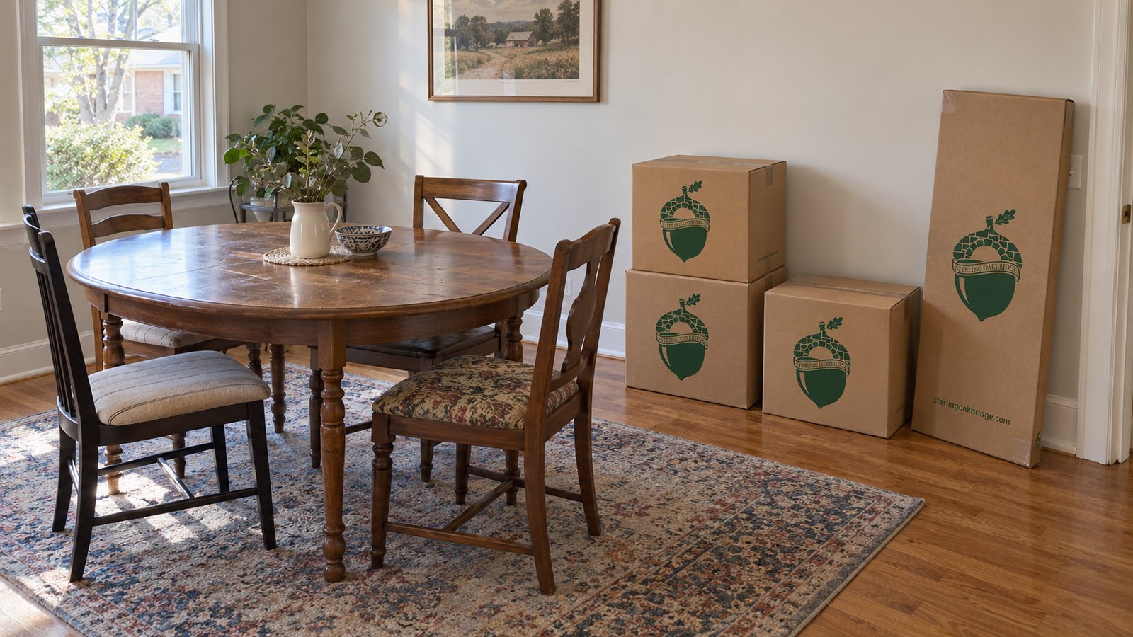 Leave room for the household routine An oval dining table and four chairs beside closed kraft cartons and a flat picture carton.