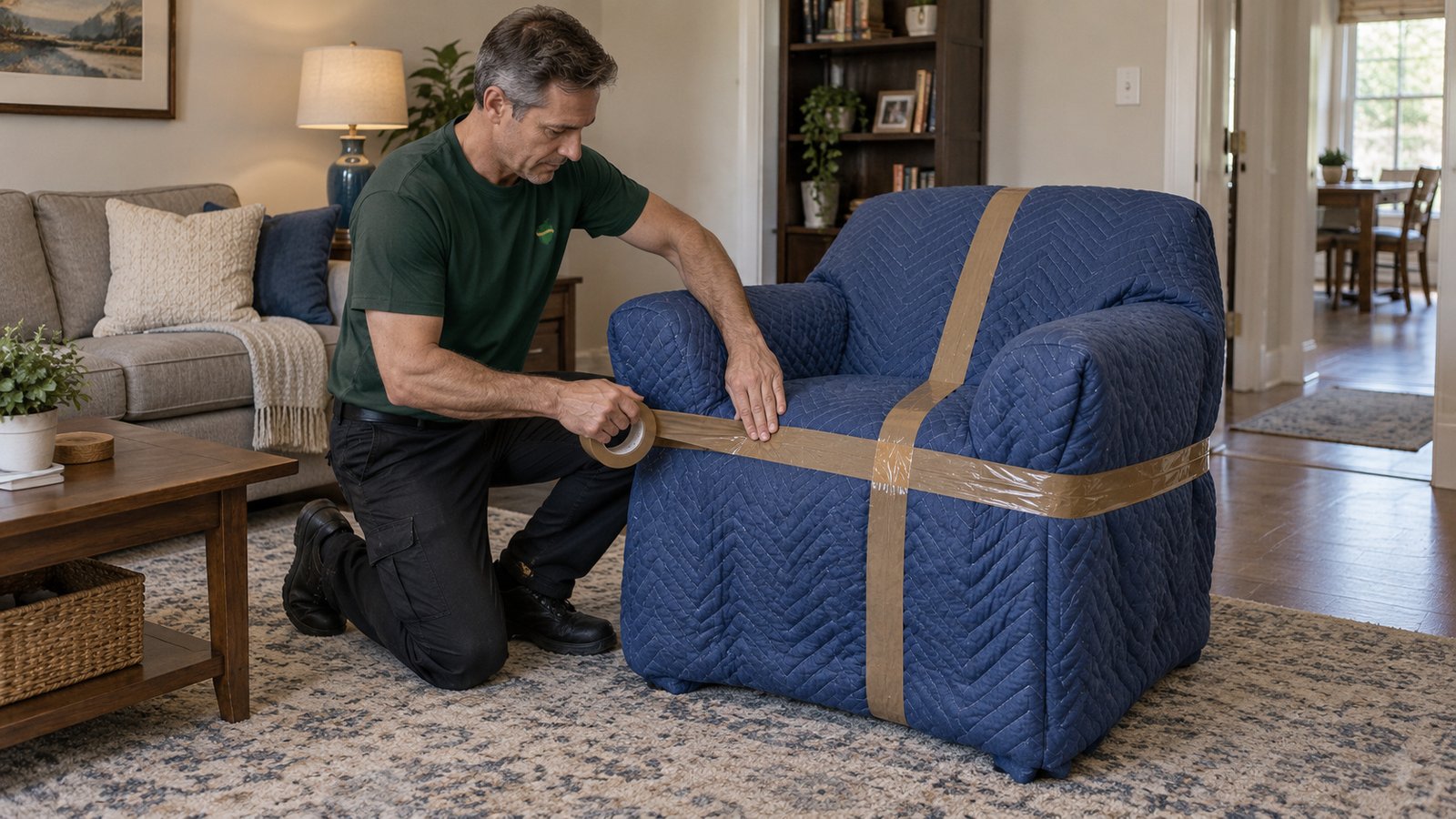 Protect the furniture before pickup A kneeling male mover securing quilted blankets around a compact armchair with brown packing tape.