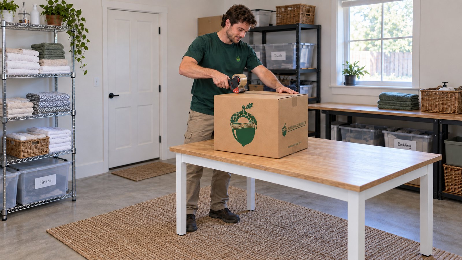 Finish one carton at a time A male packing employee pressing brown packing tape onto the closed top seam of a kraft carton.