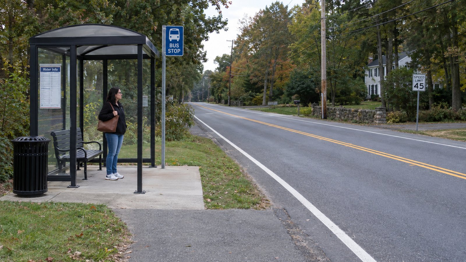 Check the actual daily journey A woman waiting at a glass bus shelter on a separate boarding pad beside a continuous two-lane road.