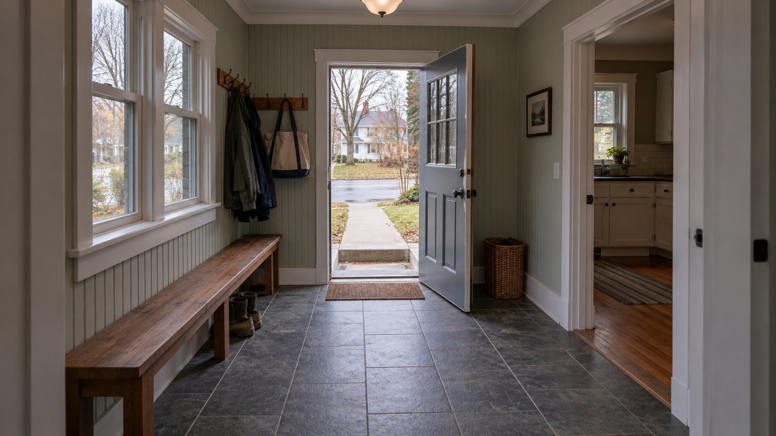 A clear side entrance Open exterior door in a tiled mudroom with wall hooks and a bench