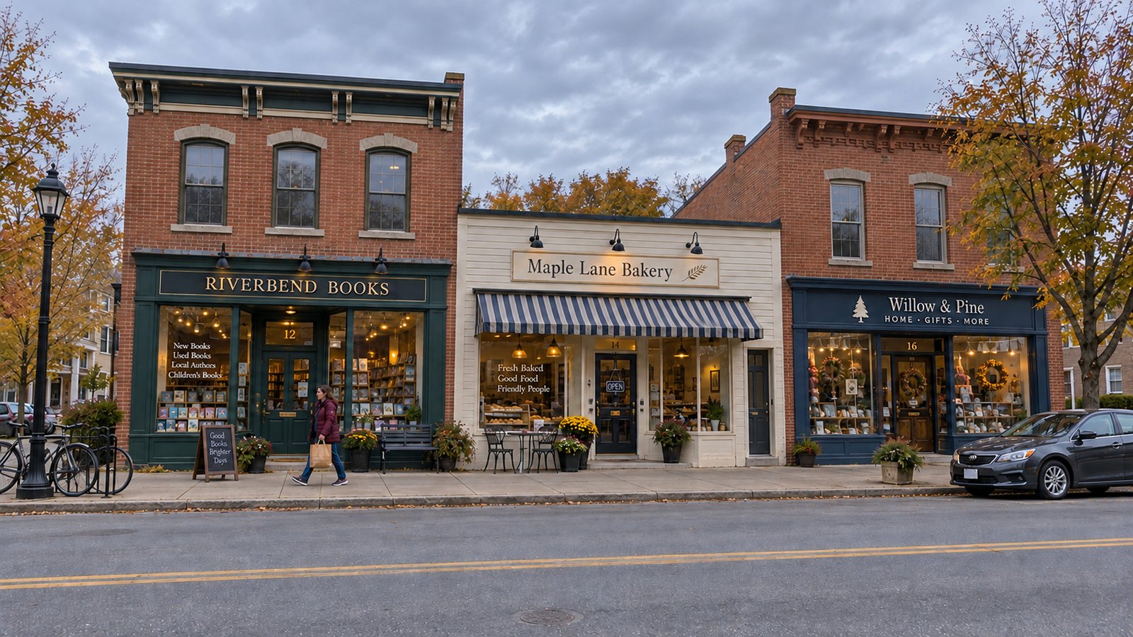 Woman carrying a bag past three village shopfronts on a continuous sidewalk
