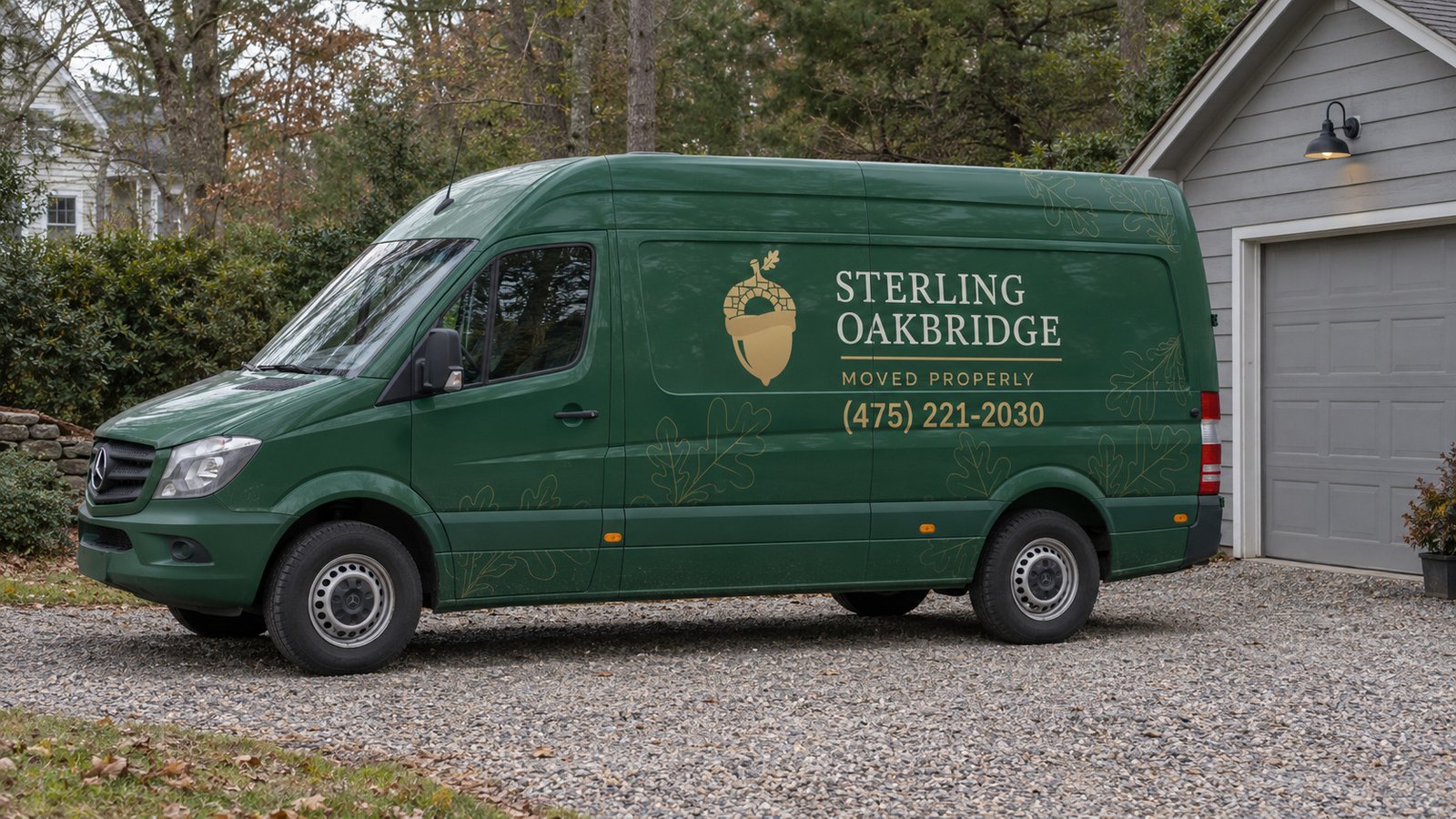Private driveway standing position Green Sterling Oakbridge Mercedes Sprinter on gravel beside a wooden garage