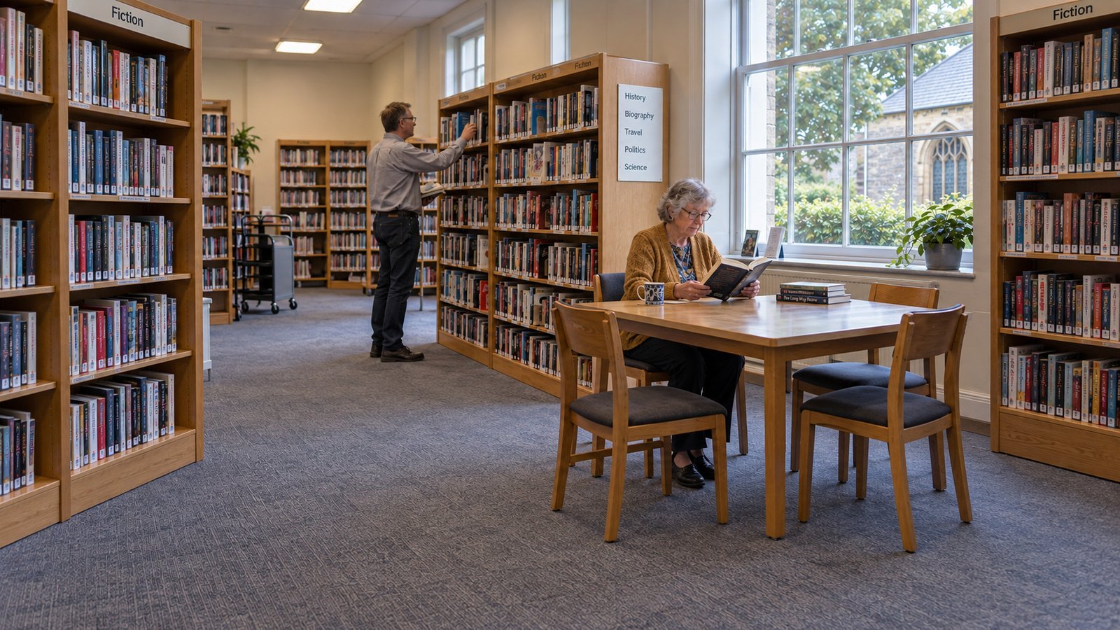 Older woman reading at a library table while a man returns a book to a shelf