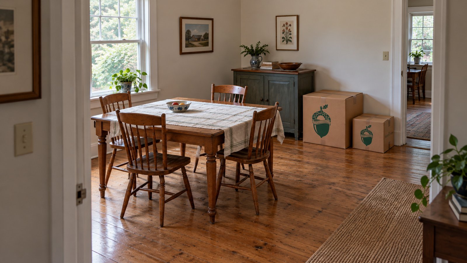 Wooden dining table and chairs beside two closed Sterling Oakbridge kraft cartons