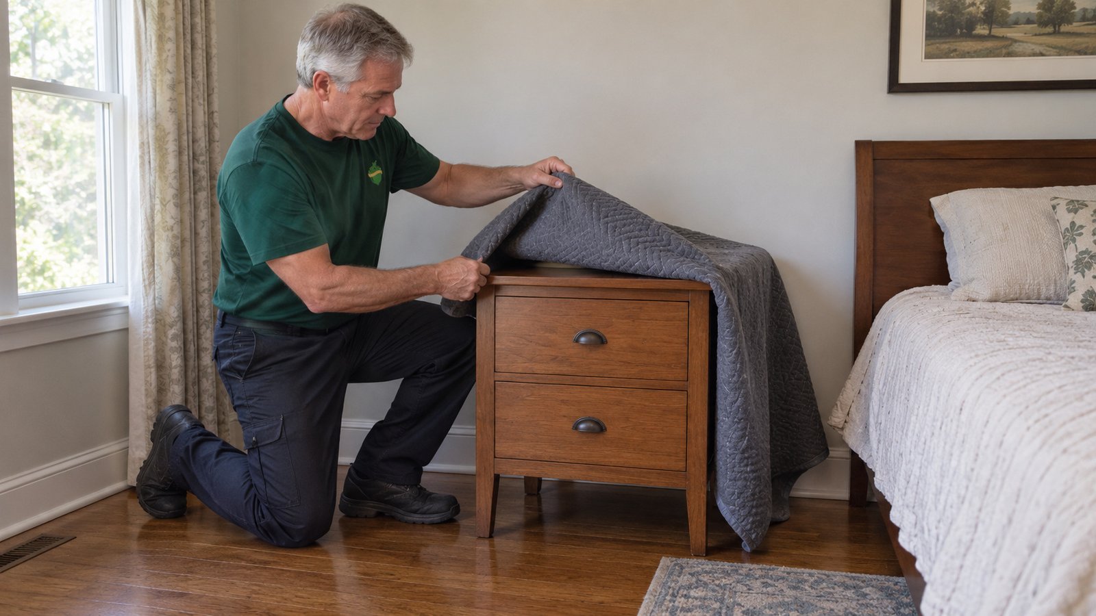 Unwrapping at the destination Mover lifting a gray blanket off a wooden bedside cabinet