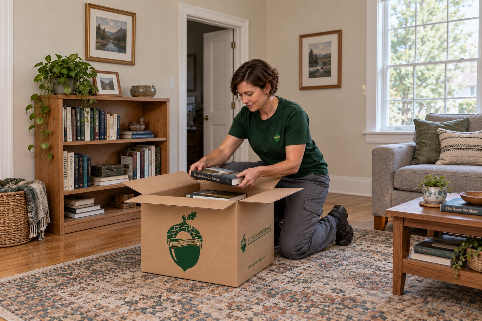 Packing a book carton Woman in a green mover shirt lowering a hardcover book into an open kraft carton
