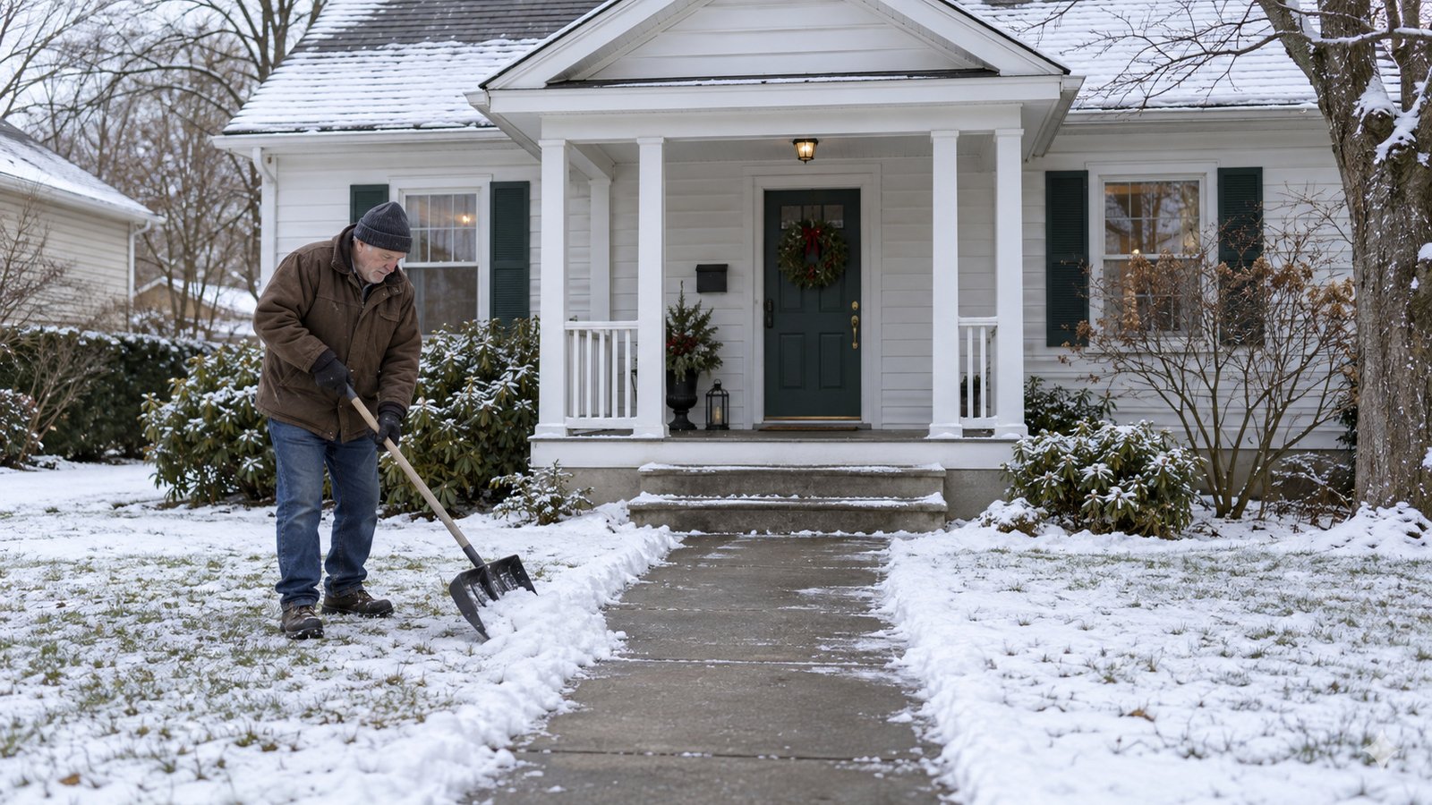Man using a snow shovel beside a cleared path to a clapboard house