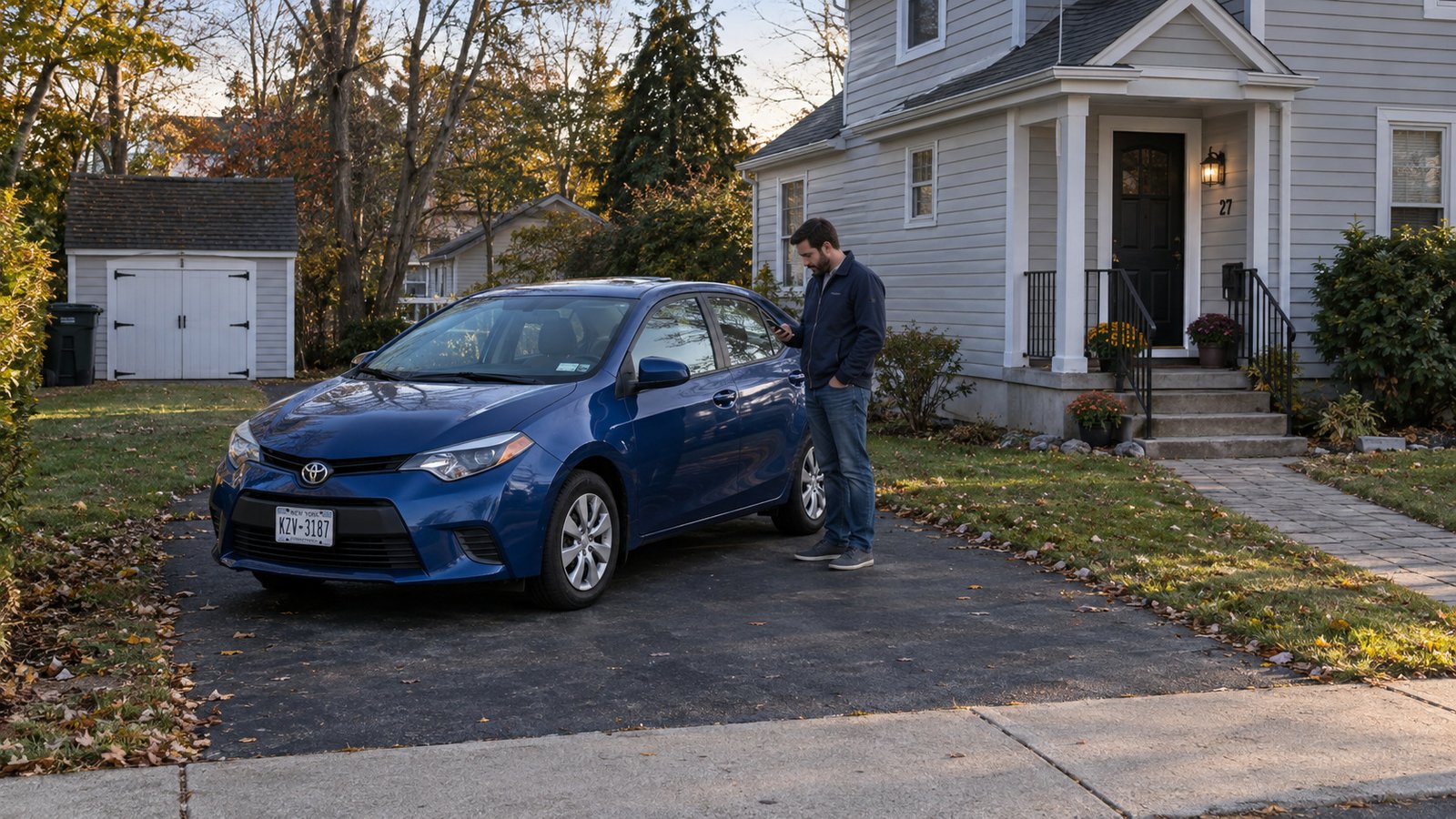 Man checking his phone beside a blue compact car in an offstreet parking bay