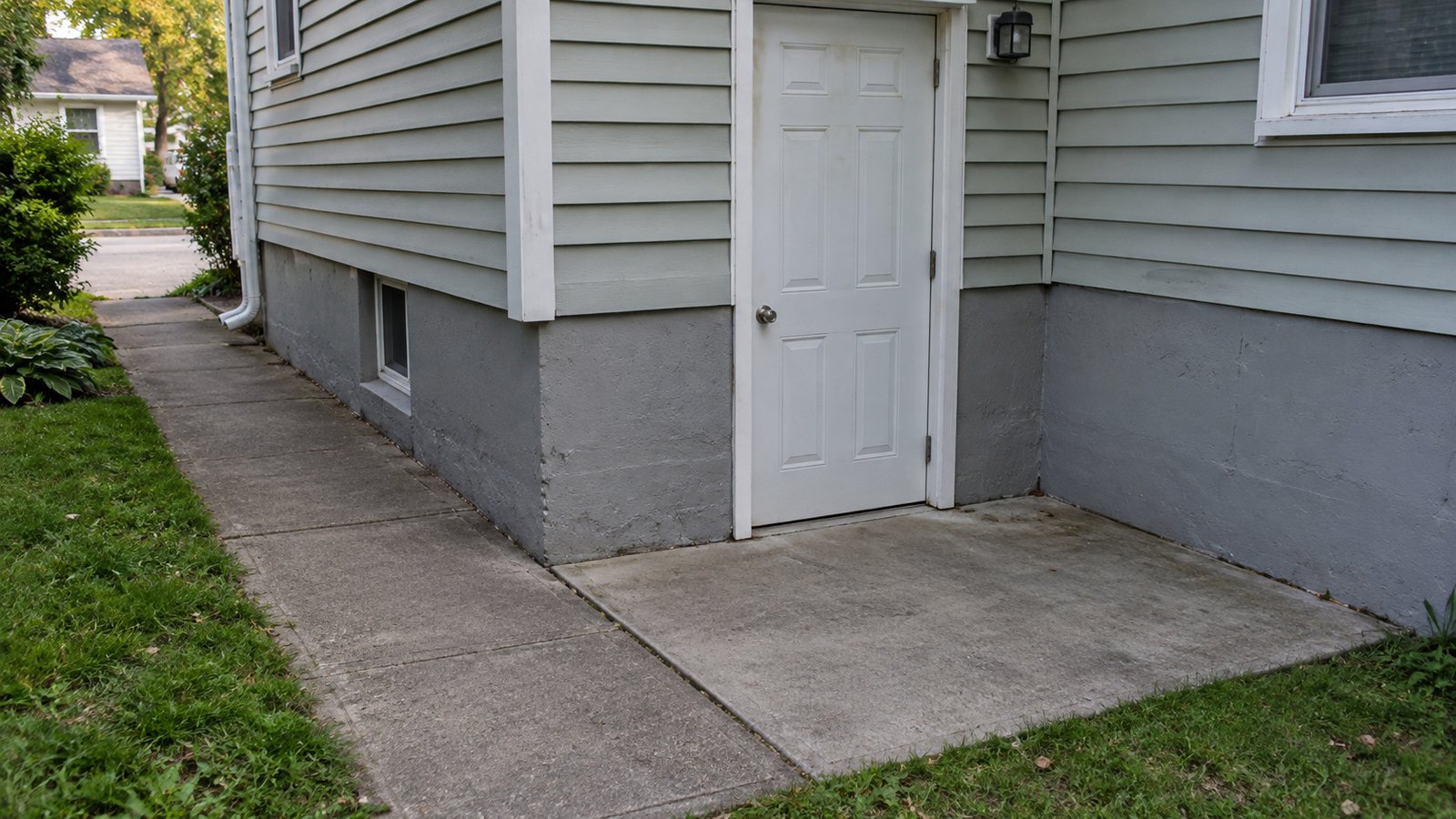 The route to a side entrance White ground-level side door opening onto a concrete pad beside a paved path along a house