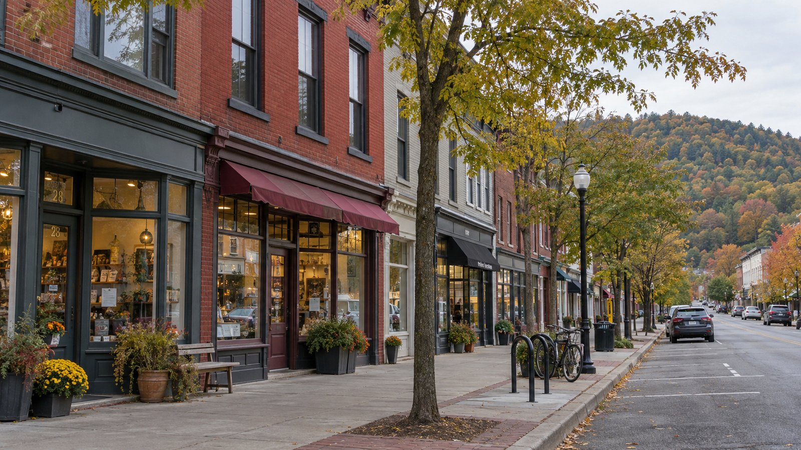 An ordinary walk through town Brick shopfronts and street trees along a broad sidewalk, with a wooded hill beyond the buildings