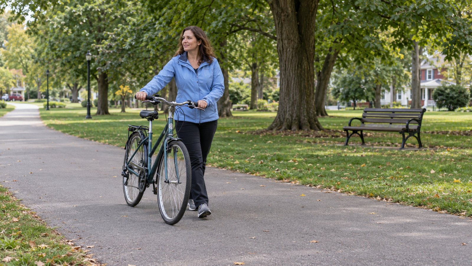 Time for an everyday outing Woman in a blue jacket walking a bicycle along a paved park path beneath mature trees