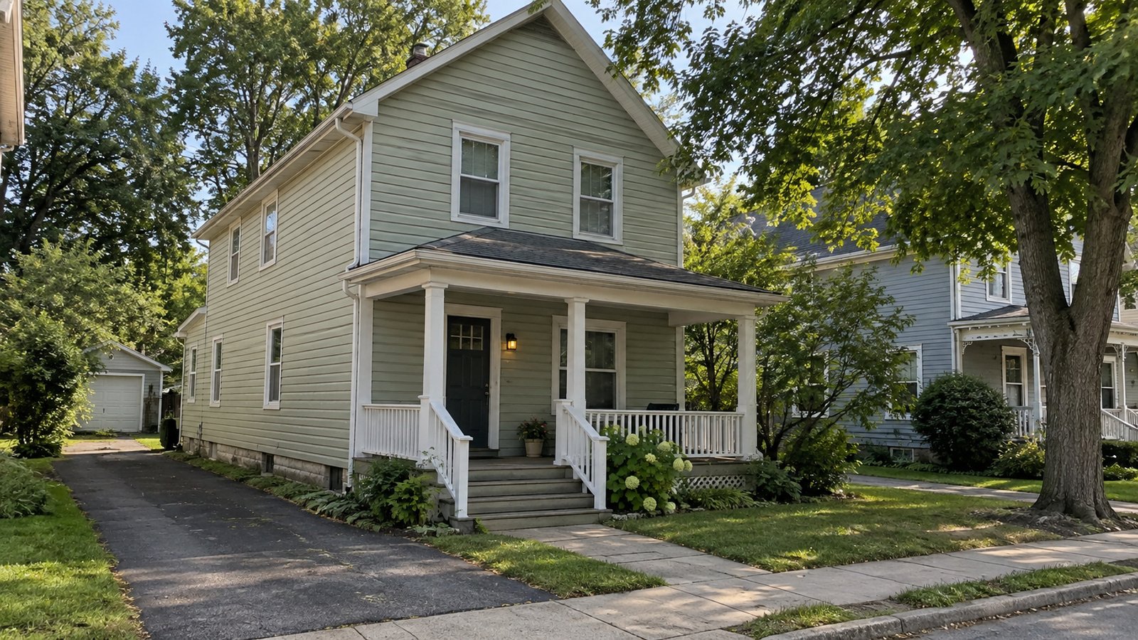 A village home and its approach Pale green clapboard house with a covered front porch, wooden steps and a narrow side driveway