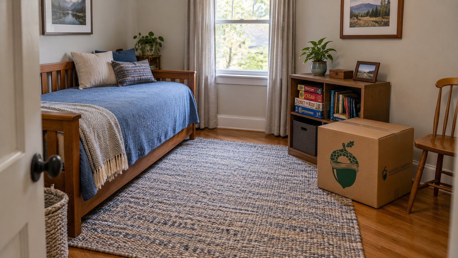 A room for guests and hobbies Wooden daybed with a blue cover beside a shelf of board games and books and a Sterling Oakbridge carton