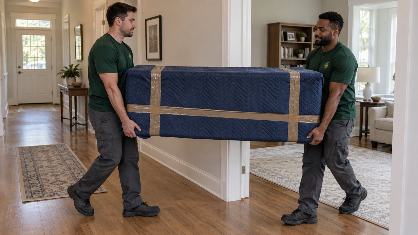 Carrying a protected piece through the home Two movers in dark green shirts carrying a rectangular piece fully covered in blue moving blankets and brown tape