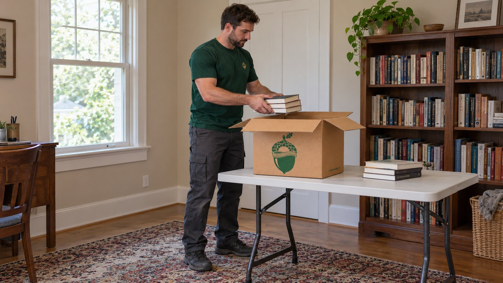 Packing books in manageable cartons Mover in a dark green Sterling Oakbridge shirt placing a stack of books into a kraft carton on a folding table