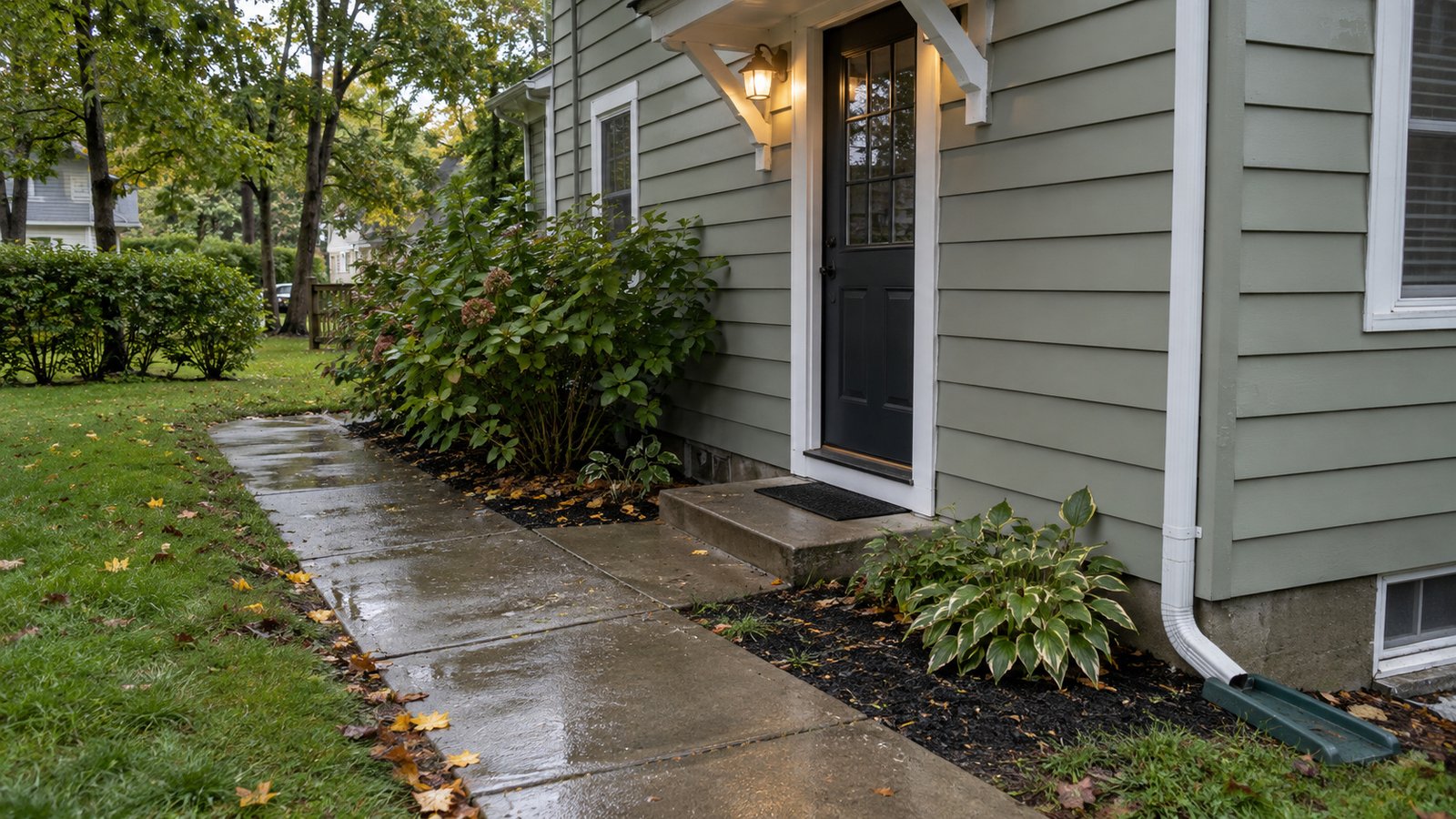 Checking the approach after rain Damp concrete path with fallen leaves beside a house entrance, lit porch lamp and gutter downspout