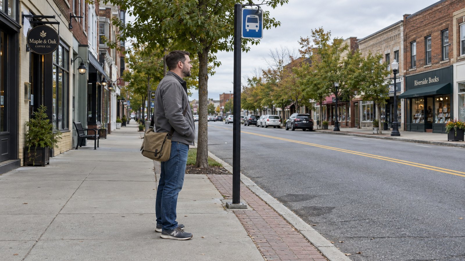 Planning a journey by bus Man with a shoulder bag standing beside a bus-stop sign on a sidewalk lined with brick shops