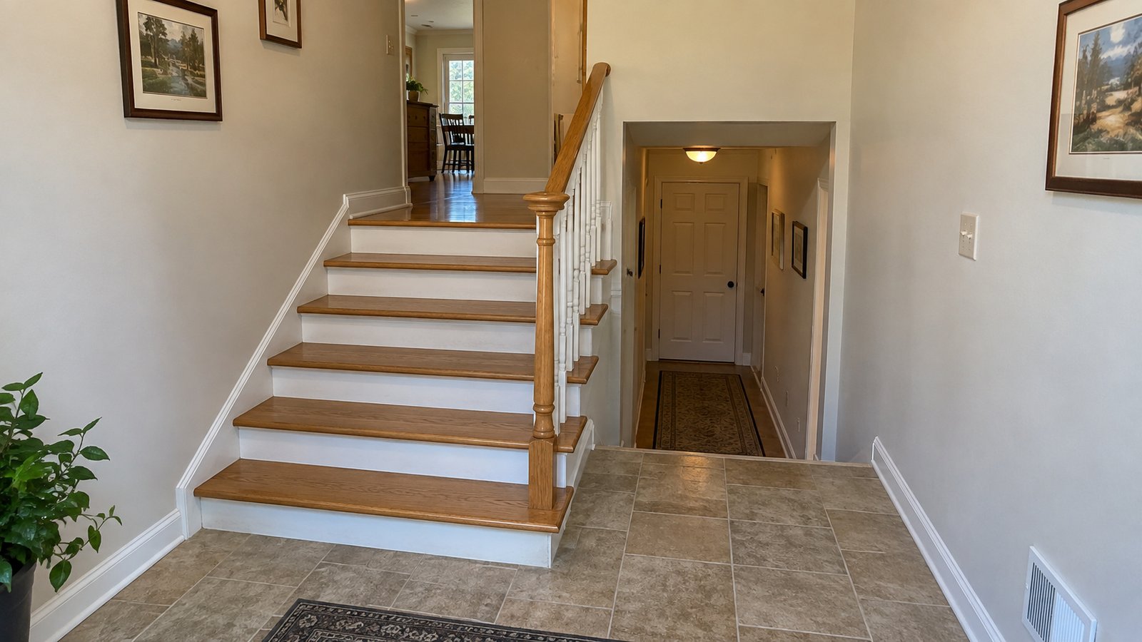 A tiled entry with a short wooden staircase and a lower hallway opening beside it.