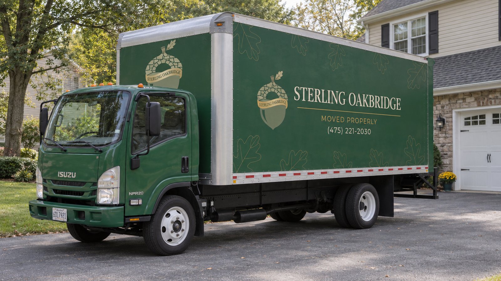 A dark green Sterling Oakbridge box truck with gold lettering on a residential apron.