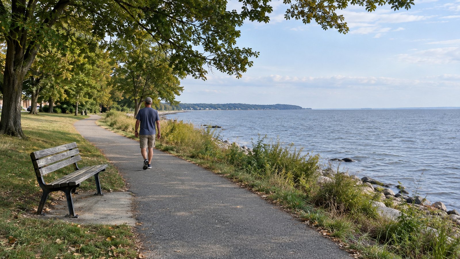A person walking beside a bench on a tree-lined path with water beyond it.
