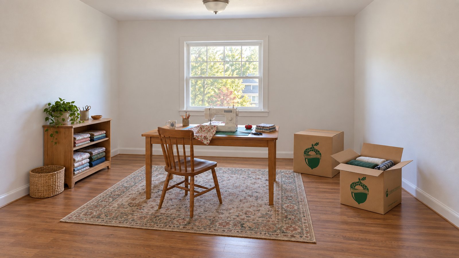 A sewing table, wooden chair, fabric cabinet and two kraft Sterling Oakbridge cartons in a craft room.