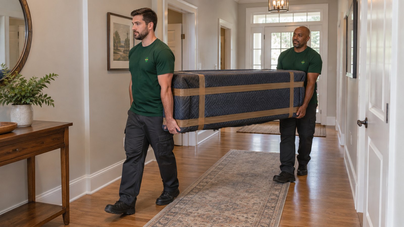 Two men in green Sterling Oakbridge shirts carrying a cabinet covered with dark blankets and brown tape through a hallway.