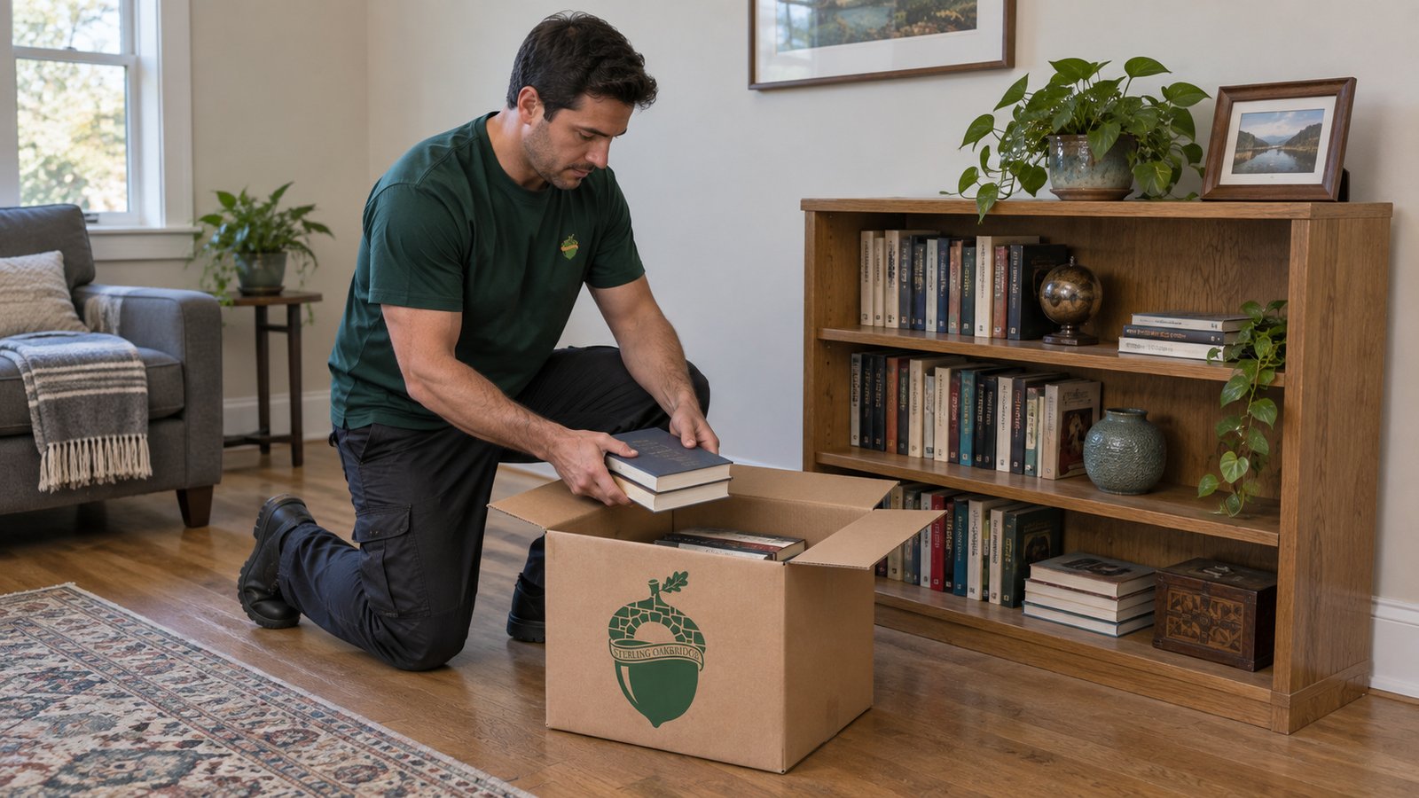A kneeling man in a green Sterling Oakbridge shirt placing two books into a small kraft carton beside a low bookcase.