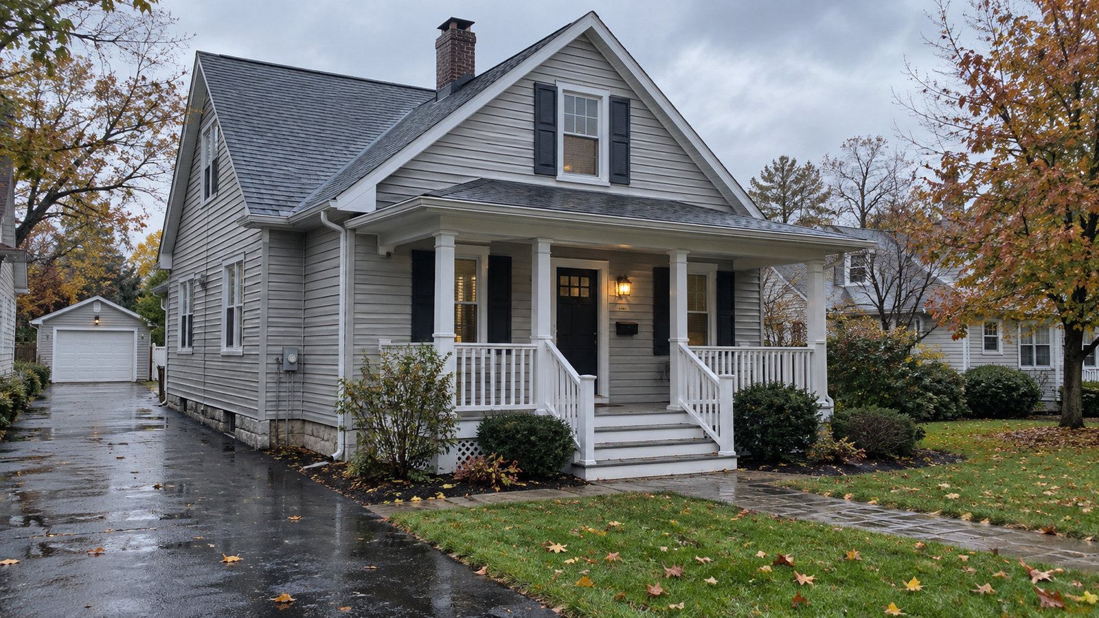 A whole gray house with a porch, front steps and autumn leaves after rain.