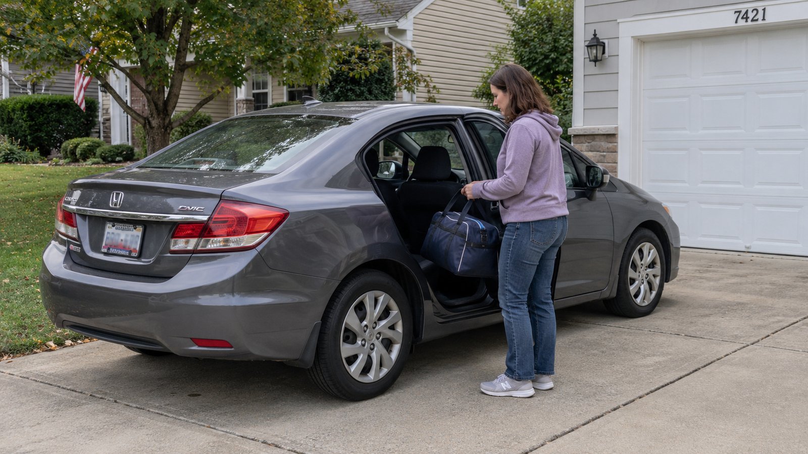 A woman holding a travel bag beside a gray sedan with its rear passenger door open.