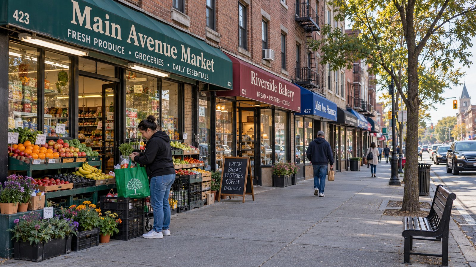 A shopper arranges groceries in a reusable bag outside a neighborhood market while another walks to a shop.