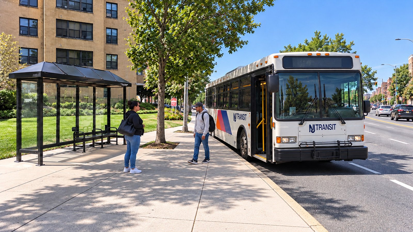 A passenger stands on the sidewalk after leaving a NJ TRANSIT-style bus while another waits by a glass shelter.