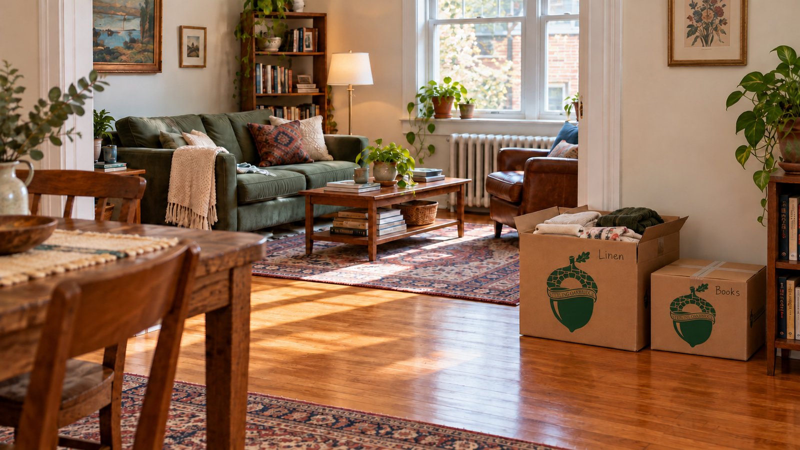 An occupied living and dining room has varied furniture, books, textiles and two moving cartons beside the wall.
